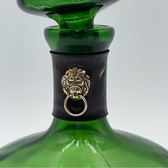 Vintage Green Glass Decanter Leather Lion Head Wrap MCM *READ* - Picture 2 of 11